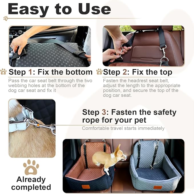 Car Dog Seat with 2 Safety Leashes,Dog Car Booster Seat for Small Medium Dogs 0-28lbs,Pet Car Travel Safety Bed with Storage Pockets,Non-Slip Bottom,Fully Detachable and Easy to Install(S1-Black)