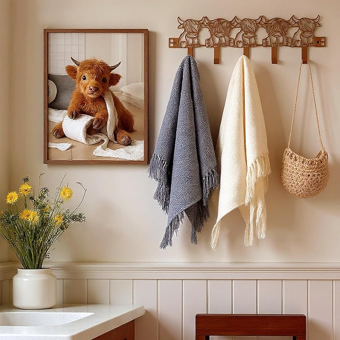 AceOrbit Highland Cow Over The Door Hooks Hanger 5 Hooks Rustic Decor | for Bedroom Bathroom, Organizes Towels Hats Clothes, Farmhouse Decor, Over the Door for Kids