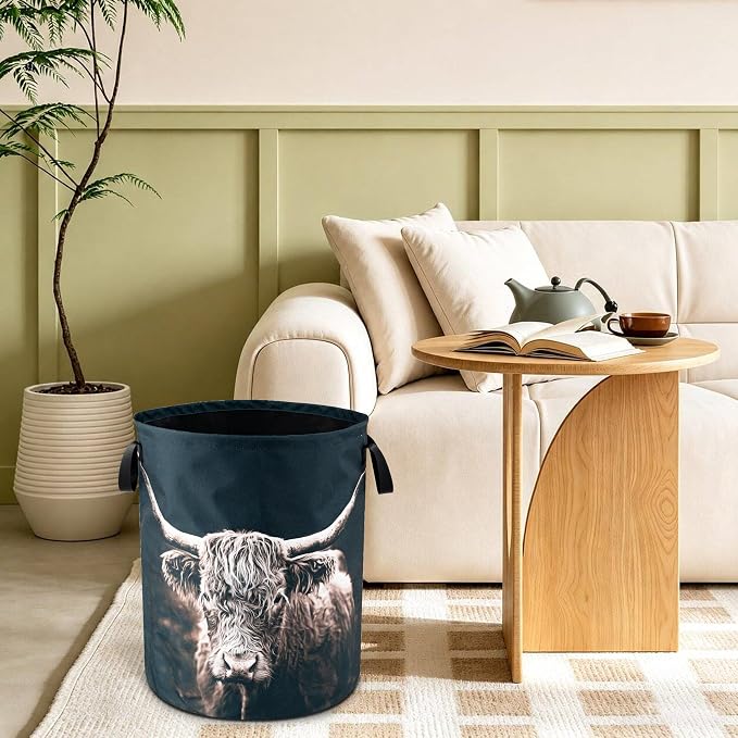 Highland Cow Laundry Basket Foldable Waterproof Hamper 18.9 x 16.5 Inch | Oxford Cloth With Reinforced Handles Lining Design Large-Capacity Storage For Bathrooms/Laundry Rooms/ Living Rooms/Bedrooms