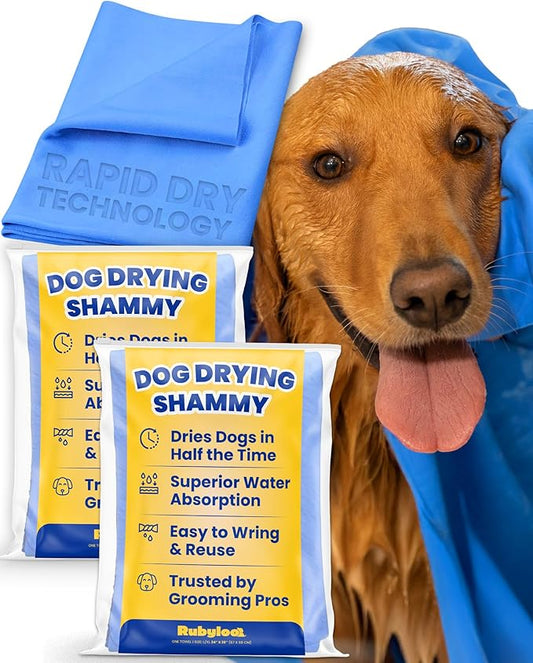 rubyloo Shammy Dog Towels for Drying Dogs Large - 2pk (34" x 26") - Ultra Absorbent Technology Dries Dogs 2X Faster - Easy to Wring Out & Reuse - Compact for Bath, Swim, Rain, Travel, Cooling