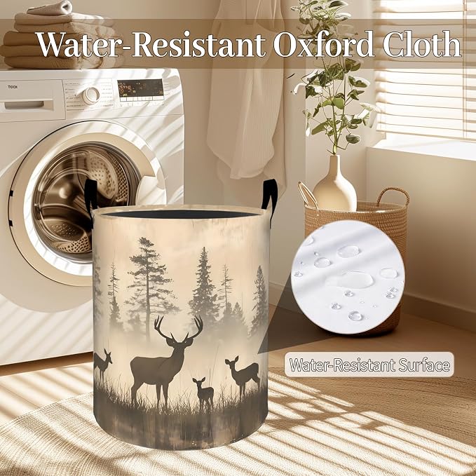 Vintage Deer Laundry Basket, Nature Wildlife Foldable Oxford Cloth, Waterproof Dirty Clothes Hamper with Handles, Clothing Storage Bin Toy Organizer for Bedroom Dorm Bathroom, 19.7"x15.7"