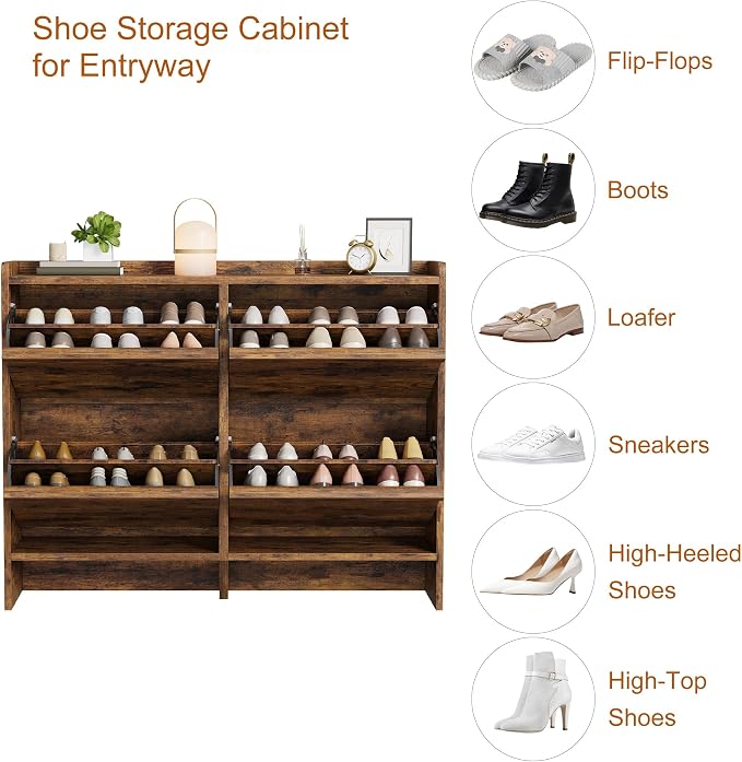 GarveeHome Shoe Cabinet with 4 Flip Drawers, Wooden Shoe Organizer Cabinet with Adjustable Shelf, Shoe Storage for Entryway, Hidden Shoe Cabinet for Hallway, Living Room, Rustic Brown