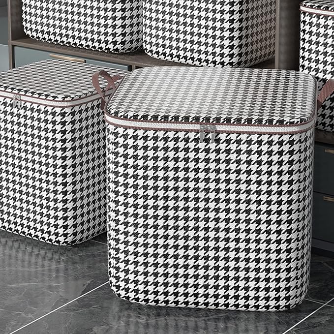 Fabric Storage Boxes with Lids Houndstooth Clothes Quilt Bins Container Organizers with Handle for Bedroom Closet (180, Square, 1, SB-123)