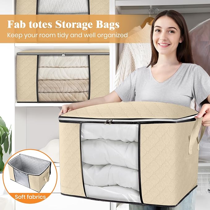 90L Clothes Storage, Foldable Thick Fabric Blanket Storage Bags | Foldable Containers with Zippers,Window and Handles for Organizing Bedroom, Closet, Comforter, Bedding,Dorm essentials
