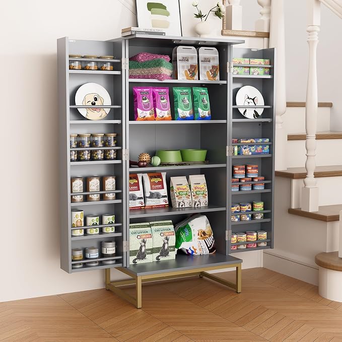 Saudism 51" Dog Food Storage Cabinet with Adjustable Shelves, Gray | Freestanding Pet Storage Container Organizer for Living Room and Dinning Room
