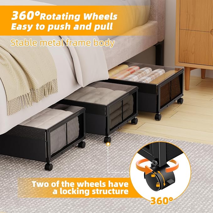 Simple Trending Under Bed Storage Containers with Wheels, XXL 77L Under Bed Shoe Organizer Drawer with Clear Lid, Rolling Storage Containers for Shoes, Clothes, Black