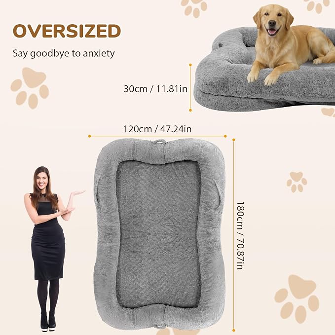 Human Dog Bed 71 x 47 x 12 in, Silver | Memory Foam Dog Bed for Humans & Large Pets, Removable & Washable, with Storage Pocket