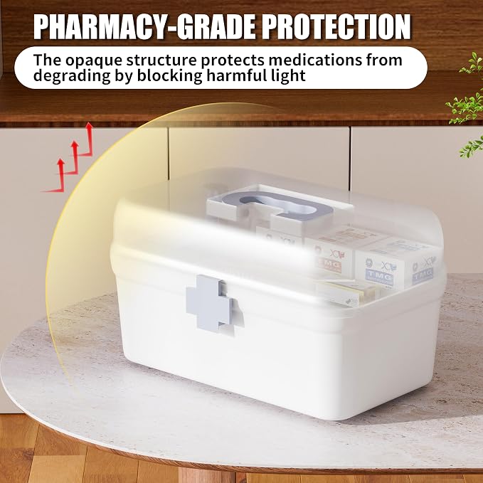 2-Pack Medicine Storage Box Separate Adult Child Medication | See-Through Lid, Prevents Mix-Ups, Small & Large Medicine Cabinet Organizer, Portable First Aid Box with Handle & Tray