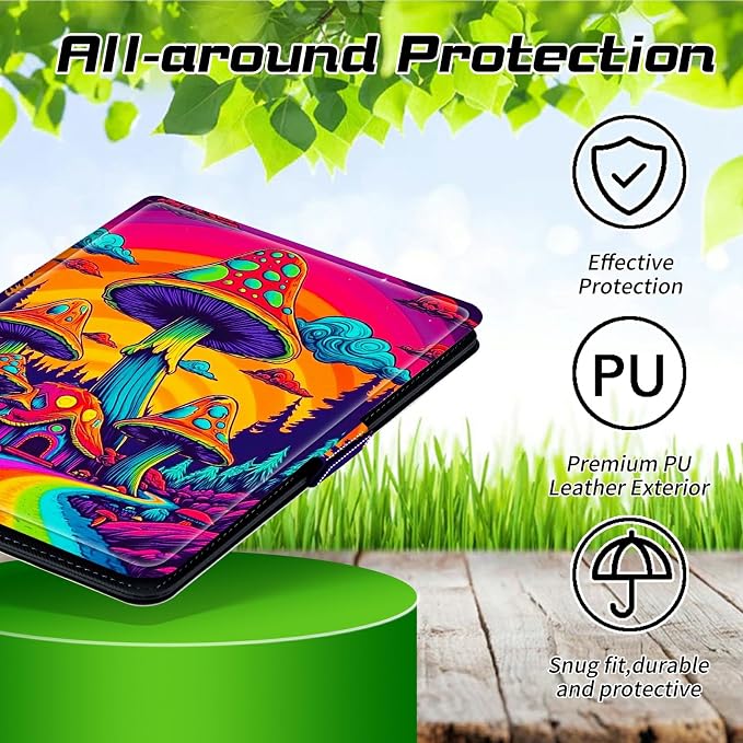 Universal Tablet Case for T-Mobile Revvl Tab 2 10.1" 2025/Revvl Tab 5G 10.36" 2023, 360 Degree Rotating Kickstand Protective Stand PU Leather Shell Cover for 9"-10.5", Rainbow Mushroom Road