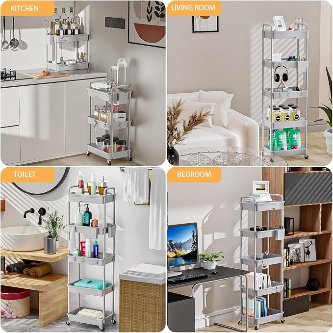 5 Tier Rolling Utility Cart with Drawer,REBECAT Utility Cart Made of Multifunctional Storage Organizer Tool for Kitchen,Bathroom,Living Room,Office(Gray)