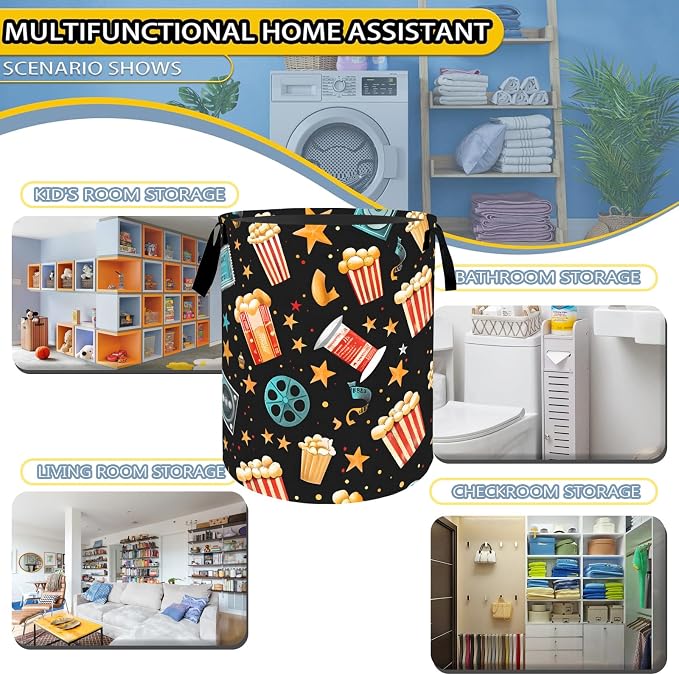 Popcorn Film Reel Star Laundry Basket,Fun Food Dirty Clothes Hamper,Movie Night Storage Bin Gifts,Foldable Waterproof Oxford Cloth Baskets for Bedroom,Bathroom,Home Decoration(19.7" x 15.7")