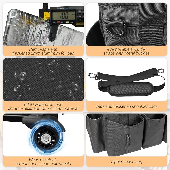 Large Cleaning Caddy Bag with Wheels,Cleaning Bags with Detachable Trolley,Cleaning Supplies Bag Built-in Hard Support Board,Waterproof,Multiple Storage Pockets for Housekeepers