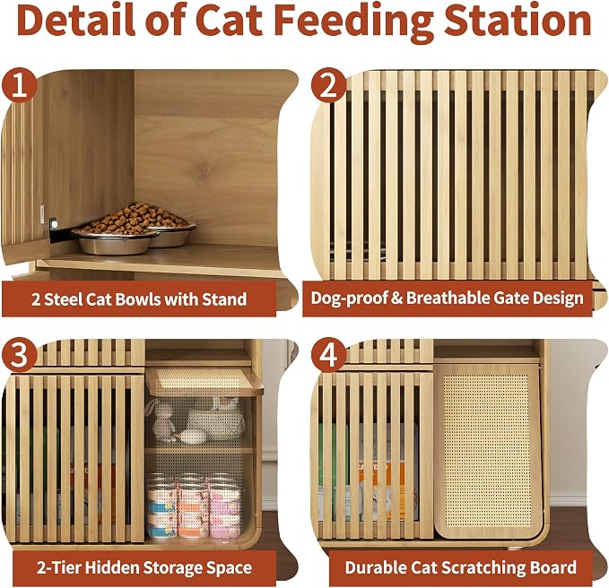 Dog Proof Cat Feeding Station, Cat Feeder Station, Pet Food Storage Natural | Raised Bowls for Indoor Cats, Elevated Food Bowls with Stand, Cat Scratching Board, 2 Stainless Steel Bowls