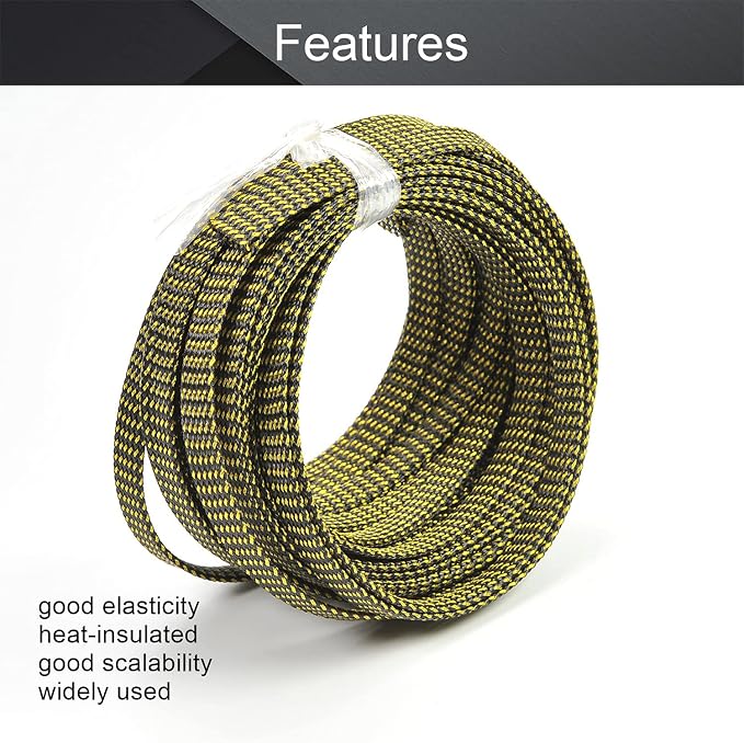 Heyiarbeit 10m/32.8ft PET Expandable Braid Cable Sleeving Flexible Wire Mesh Sleeve Black Gold 10mm