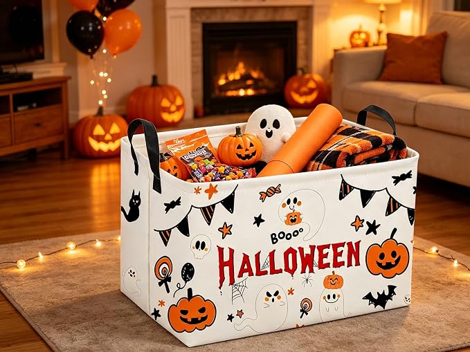 Sanjiaofeng Rectangular Halloween Ghost Storage Basket,Halloween Basket.Cute Baskets for Room Decor, Pumpkin Baskets with Handles.Books Bins,Gifts Box(White Ghost)