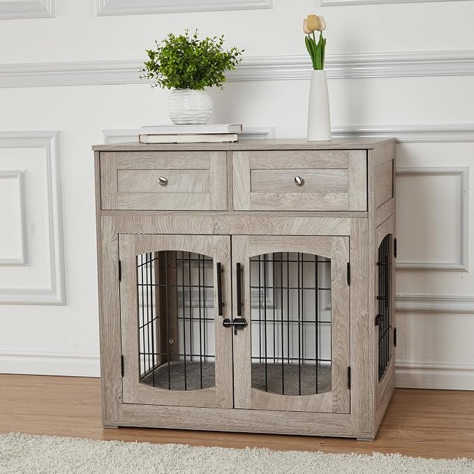 GarveeHome Dog Crate Furniture,Wood Kennel Indoor with Drawers Storage | Furniture style kennel, built-in storage drawers, heavy duty wood frame for indoor pet use