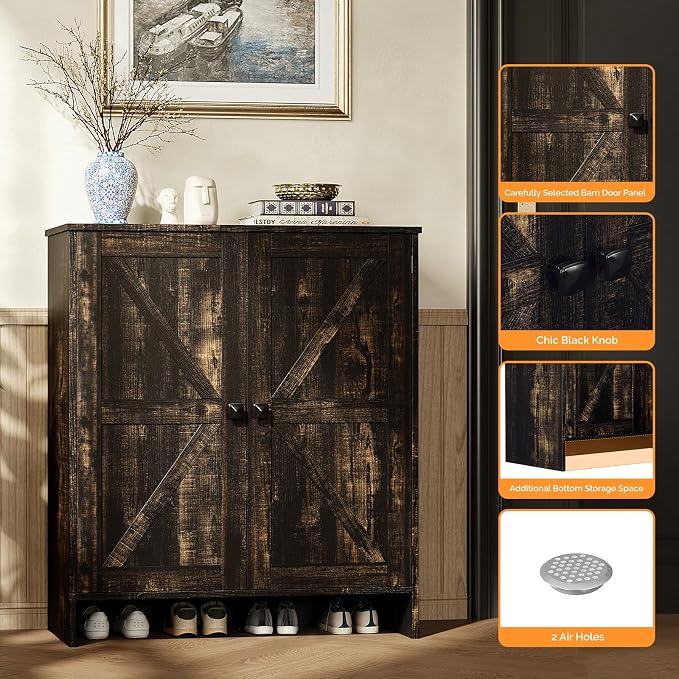VINGLI Shoe Cabinet with Doors,5 Tier Dark Rustic Oak Wooden Shoe Storage Cabinet for Entryway with Double Barn Doors, Adjustable Shelves, 36.4" Tall Farmhouse Shoe Rack Organizer for Entryway