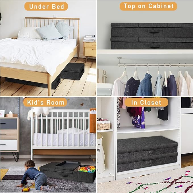punemi 6 in Tall Under Bed Storage Containers with Lid, 2Pack, Black | Sturdy Sides, Top & Bottom, Stackable Design for Clothes, Blankets & Toys, Fits Under Cribs, Dorm Beds, Sofas & Dressers