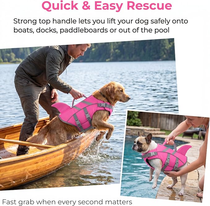 Dogcheer Shark Fin Dog Life Jacket, Dog Harness Life Vest - Pink,L | Reflective Puppy Swim Vest for Swimming, Boating, Lake, Beach & Pool, Water Vest with Handle for Small Medium Large Dogs