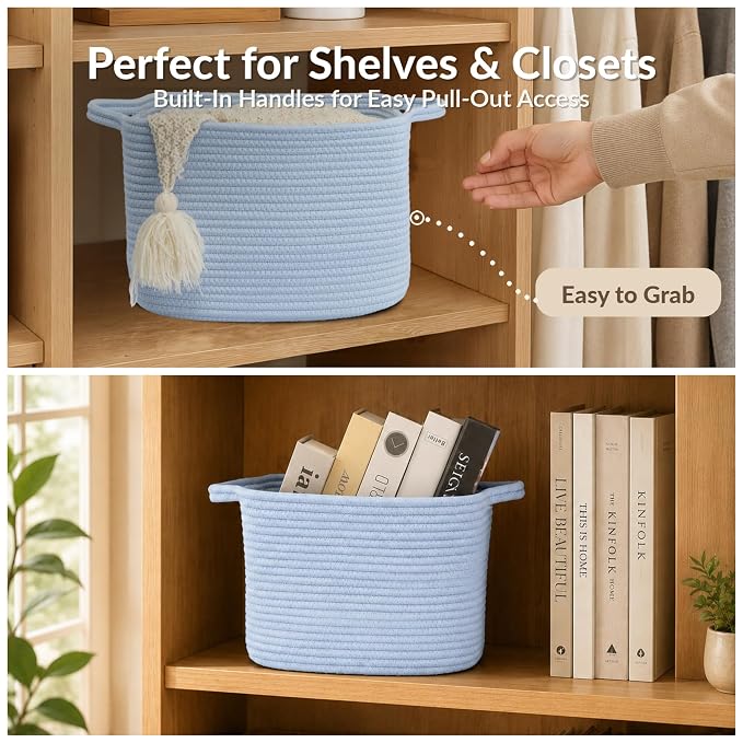 XUANGUO Woven Cotton Rope Storage Basket with Handles 13x10x9 inch Blue | Woven cotton rope basket for shelves and closets. Perfect for toys, books, clothes, nursery storage and gift baskets.