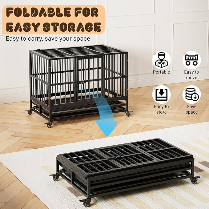 GarveeLife 38inch Heavy Duty Dog Crate, Foldable Indoor Dog Cage with Double Door, 360° Lockable Wheels and Removable Tray, Easy to Clean and Assembly，for Small Medium Dogs