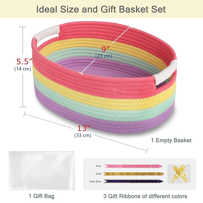 Small Woven Gift Basket with Bag & Ribbons, Rainbow | Cotton Rope, 13”x 9”x 5.5”, Fits for Kids, Women & Men, Bedroom, Living Room, Nursery & Bathroom Storage, Cat & Dog Toy Boxes