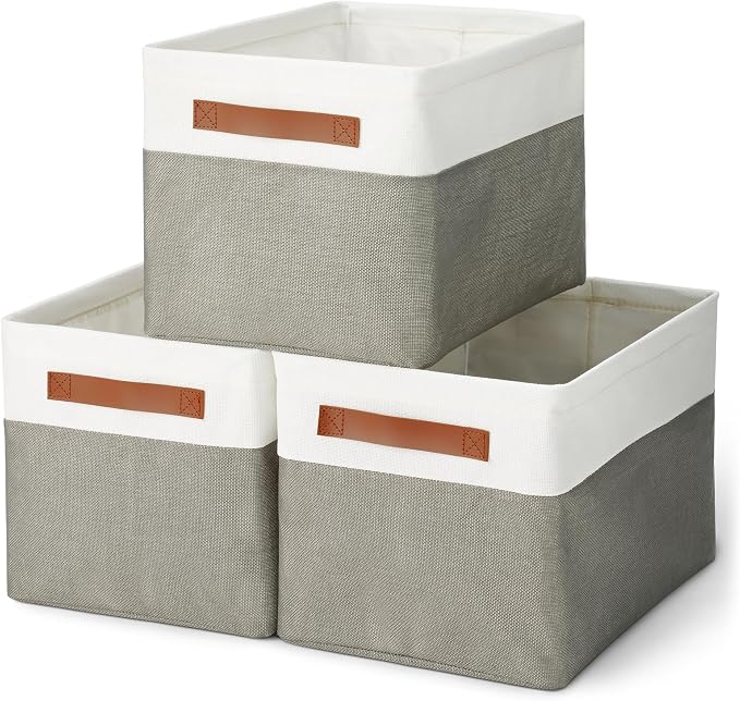 Amazon Basics Collapsible Storage Bins with Faux Leather Handles, Foldable Organizing Containers for Closet, Charcoal, Large, 3-Pack