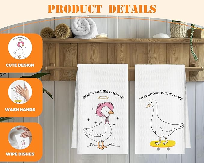 Kitchen Towels Set of 2, Silly Goose Dish Towel for Bathroom Kitchen, Cute Animals Decorative Hand Towels, Fast Drying Tea Towel, Housewarming for Goose Lovers Women Mom -03
