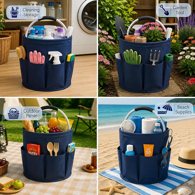 Cleaning Caddy with Handle, 17L Foldable Storage Basket, Heavy Duty 600D Oxford Cloth Organizer, Portable Supply Bag, Multi-Purpose Supplies Caddy for Home, Bathroom, Kitchen, Garden - Dark Blue