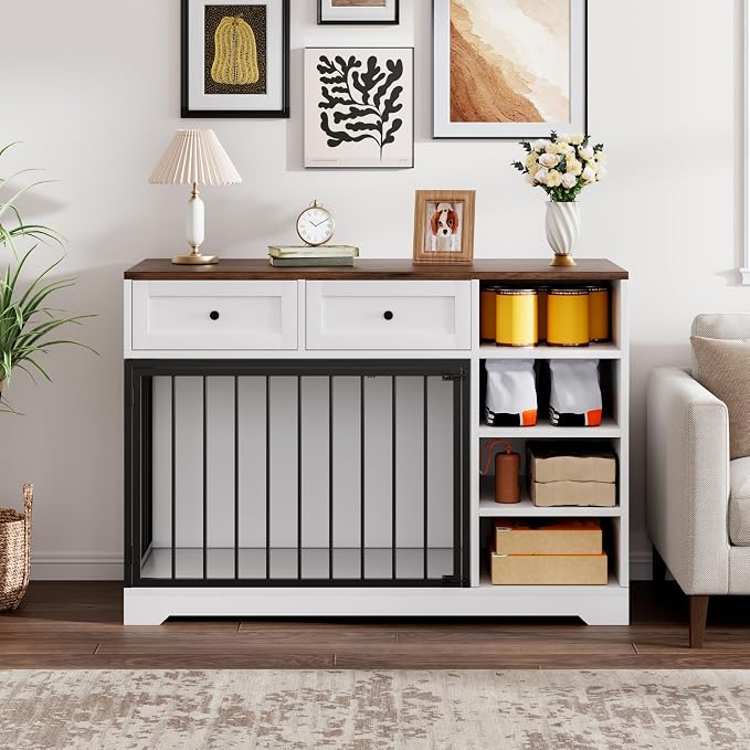 Wooden Dog Crate Furniture, Indoor Dog Kennel TV Stand with Storage, White | 2 Drawers and 4 Open Shelves, Multi-Functional Dog Kennel for Small, Medium and Large Dogs