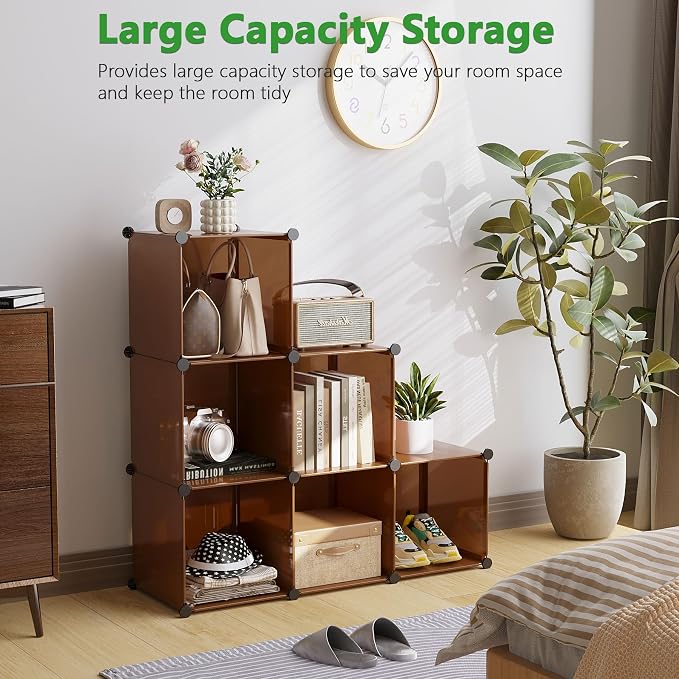C&AHOME 6-Cube Storage Organizer Cube Shelf Closet Storage Bookcase, Brown | Stackable Cubby Storage, Bookshelf, Portable Plastic Storage Closet Organizer, DIY Modular Shelving Units for Home, Wardrobe