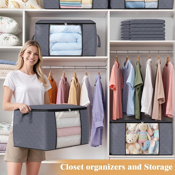 6 Pack Storage Bags for Clothes Blanket Storage Bins with Lids | Foldable Closet Organizers with Zippers,Window and Handles,Fabric Storage Bins for Sweater,Comforter,Bedding,Dorm essentials