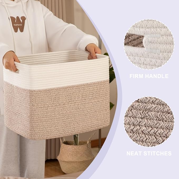 OIAHOMY 2 PACK Tall Storage baskets 42L Blanket Basket Living Room Brown | Large Collapsible Storage Bins Narrow Basket Baskets for Closet Organization Storage Baskets for Shelves Toy Storage Basket