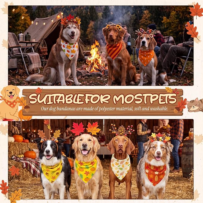 200 Pcs Fall Dog Bandanas Bulk Autumn Pumpkin Maple Leaves Pattern | Triangle Kerchief Bibs Scarf Set for Pets Harvest Party Costume Photo Props Accessories, 25 Styles, 25.6 x 17.7 x 17.7 Inch