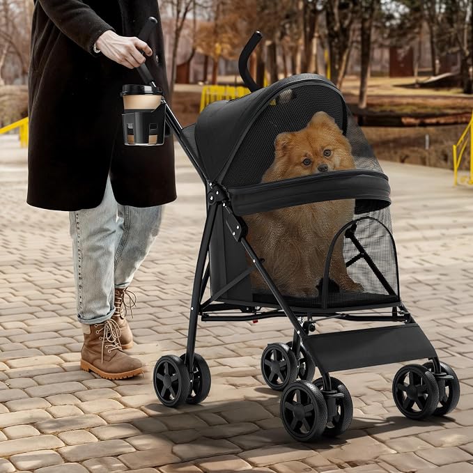 Magshion Compact Fold Pet Travel Stroller for Small Dogs Cats, Black | Up to 22lbs, 4-Wheel Lightweight Umbrella Shaped Design, Safety Tethers, Breathable Mesh, Cup Holder & Rear Storage