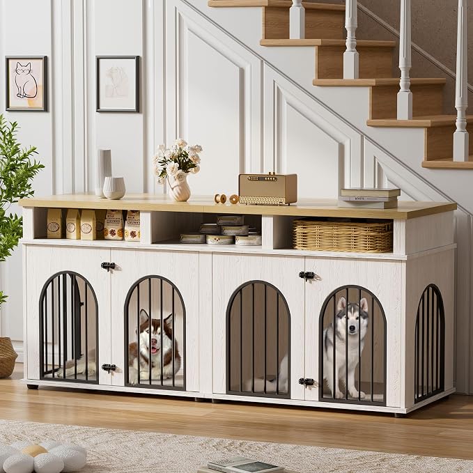 Garvee Double Dog Crate Furniture 71 in Dog Kennel Furniture for 2 Medium Dogs, Heavy Duty Dogs Cage XL Dogs House Indoor with 3 Storage Shelves, Large Puppy Crates with 8 Adjustable Feet
