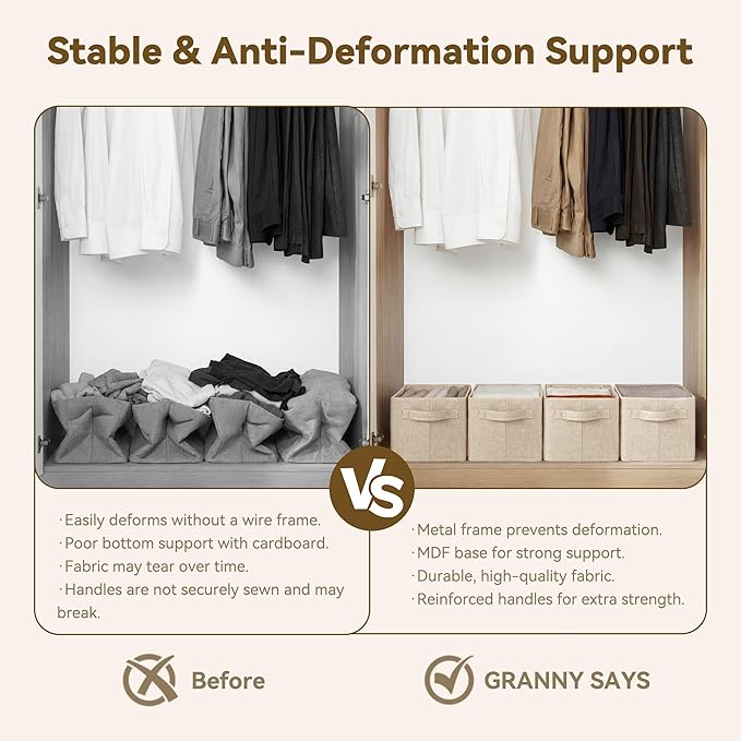 GRANNY SAYS Closet Storage Bins for Shelves, Light Taupe, 2-Pack | With Metal Frame, Foldable, Sturdy Handles, Basket for Closet, Shelf, Bedroom, Holds Blankets, Clothes, 13"x8.5"x7"