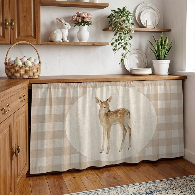 Resting Fawn Cabinet Curtains 28"x51" Sink Skirt for Bathroom Kitchen, Retro Natural Animals Farmhouse Plaid Self Stick Adhesive Under Desk Covers Tall Laundry Cabinet Storage Organizer