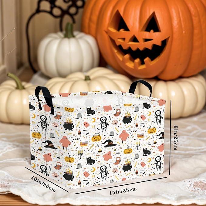 Large Halloween Basket Gift Cute Pumpkin Ghost Parties Decor Kid Trick or Treat Basket for Boys and Girls Rectangular Storage Bin Box (Cartoon Skeleton)
