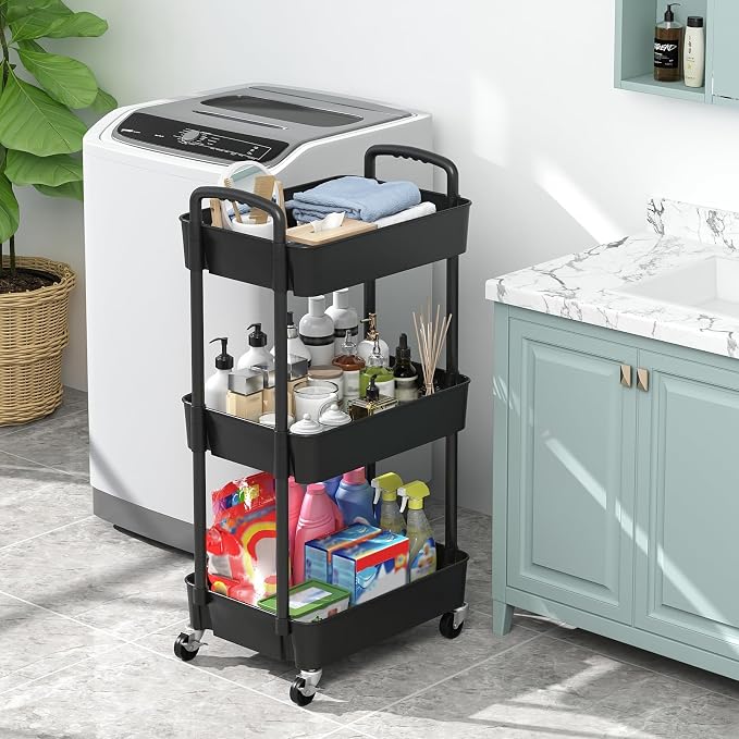 Sywhitta 3-Tier Plastic Rolling Utility Cart with Handle, Multi-Functional Storage Trolley for Office, Living Room, Kitchen, Movable Storage Organizer with Wheels, Black (Pack of 2)