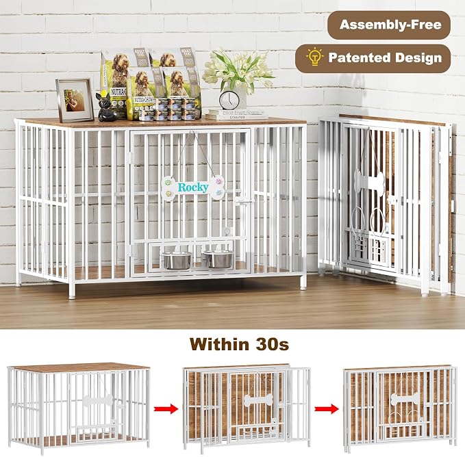Easycom 43" Dog Crate Furniture Foldable, No Assembly Decorative Dog Kennel Indoor, XL Dog Crates for Large Dogs (60-80 lbs), Wooden Dog Cage with Adjustable Bowls and Name Tag, White & Beech