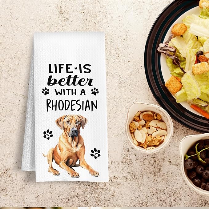 Funny Rhodesian Kitchen Towels, Life is Better with a Rhodesian Dish Towel for Kitchen Home Bathroom Decor, Dog Lovers Gift, 16×24 Inch