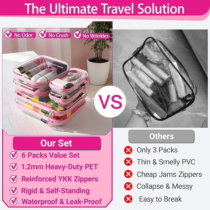 YQBRAO Clear Hard Shell Zipper Cases, 6 Multi-Size Organizers, Pink | Rigid clear shells in three practical sizes organize toiletries, cosmetics, cables, stationery and household essentials
