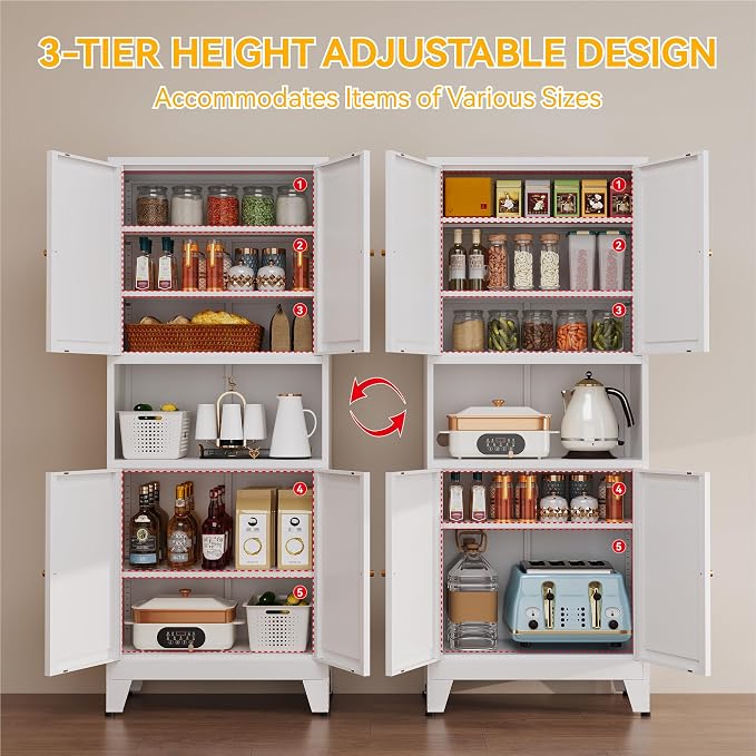 YAUWOH 69" Tall Metal Kitchen Pantry Cabinet with Microwave Shelf, 4 Doors & 3 Adjustable Shelves, Heavy Duty Food Storage Cabinet with Anti-Tip Design for Kitchen,Dining Room (1PC,White)