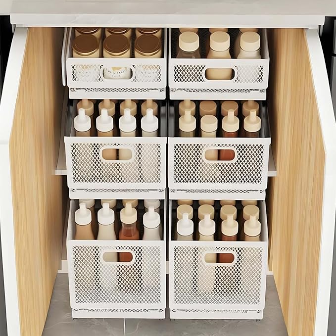 Slide-Out Storage Baskets W9.4"xD11.8"xH6.1" Rustproof Carbon Steel pull out Organizers with Super Strong Adhesive for Home Kitchen Drawers, Shelves, Cabinets