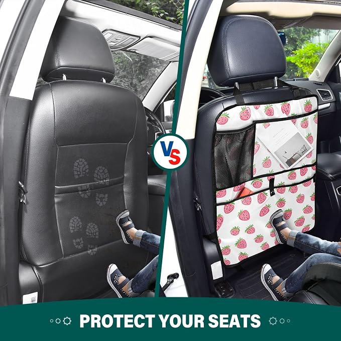 JIPONI Car Backseat Organizer, Small Strawberrys Automotive Back Seat Protector, Kick Mats with Storage Pockets for Kids Pets, Road Trip Accessories (2 Pack)