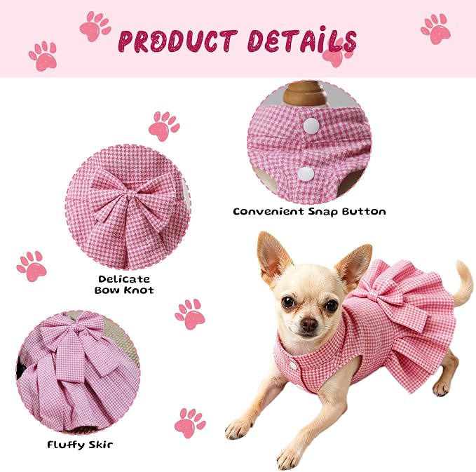 Classic Plaid Dog Dress with Bow Tie for Small Dogs Cats Girls, Cute Puppy Dresses Clothes with Bowknot Chihuahua French Bulldog Pet Apparel Outfits (Strawberry Pink, Large)