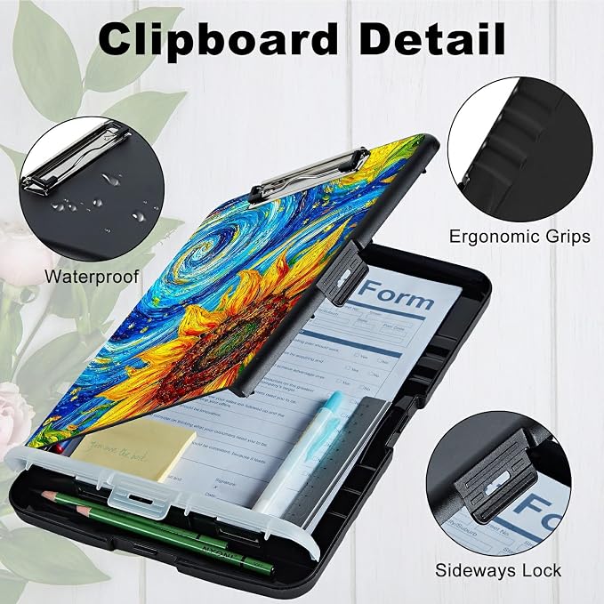 Starry Sunflower A4 Clipboard with Storage Pen Holder, Clipboards Organizer Nursing Clipboard Foldable File Folder Plastic Clipboard Folio Clip Board for Office Students Classroom Doctor