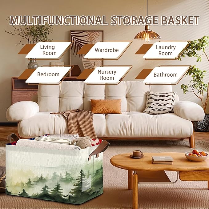 Woodland Mist Storage Basket Large 17x11.5x10.5 Inche-Collapsible Fabric Organizer Bin with Handles for Rustic Decor, Nursery, Cottage - Foldable Decorative Hamper with Foggy Forest Design-Single Pack