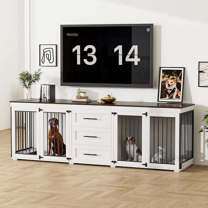 Rophefx 94.5" Dog Crate Furniture for 2 Dogs, Wooden Kennel TV Stand, White | Indoor double dog house with 3 storage drawers, 4 feeding bowls, lockable doors, and a wide top for large and medium dogs